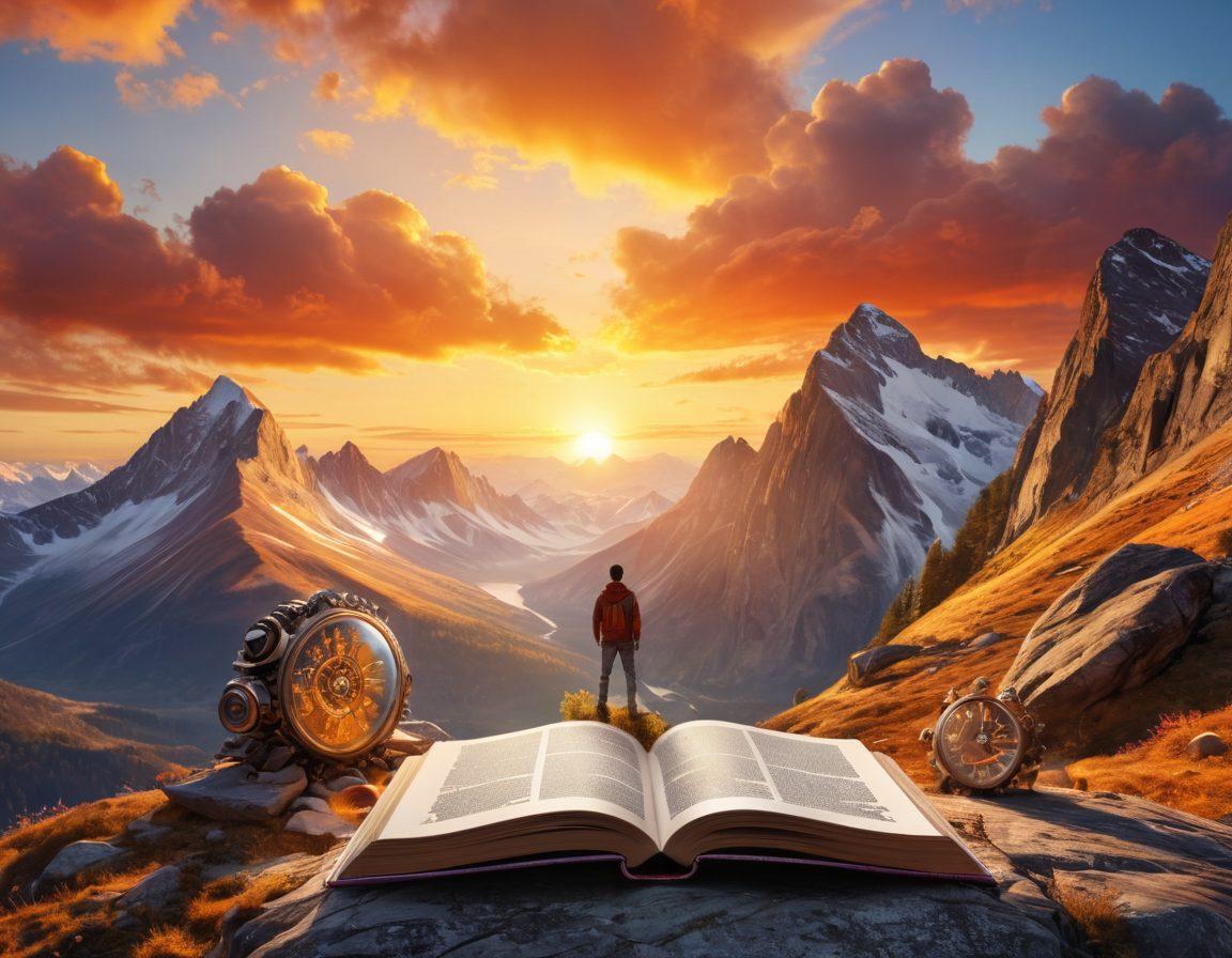 A visually striking composition featuring a person standing on a mountain peak, gazing at a vibrant sunrise that symbolizes new insights and knowledge. In the foreground, open books and digital devices scatter around, representing the blending of traditional and modern learning. Include elements of interconnected gears and light bulbs to signify innovative strategies for engagement. The atmosphere should evoke inspiration, with warm golden hues and soft pastels. super-realistic. vibrant colors. 3D.