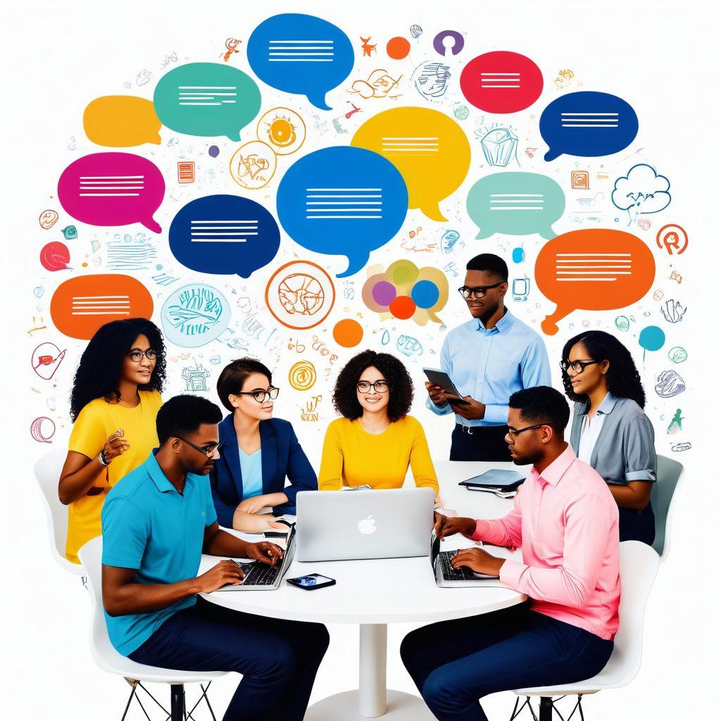 A vibrant collage of diverse writers brainstorming together, surrounded by floating chat bubbles filled with industry icons and trending topics like AI, sustainability, and tech innovations. The scene should have a dynamic and energetic atmosphere, incorporating elements of community engagement with people of various backgrounds sharing ideas. Bright colors and a modern workspace setting enhance the excitement. super-realistic. vibrant colors. white background.
